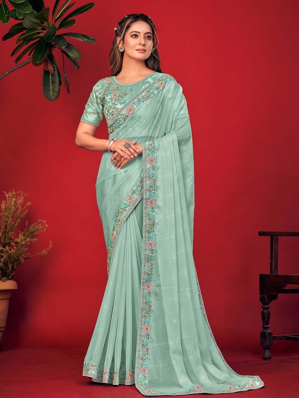 Pista Chiffon Pattern Silk Saree With Readymade Blouse